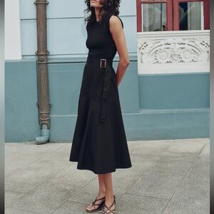 Black belted mixed midi dress